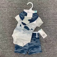 Summer Newborn Baby Boy Four-piece Cartoon Animal Dinosaure tiger Baby Onesie + Shorts + Chaussettes + Serviette baveuse
