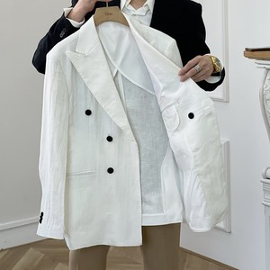 Costume de mariage pour homme, style décontracté et tendance, en lin, coupe slim, double boutonnage, semi-doublé, style britannique - Product Image 4