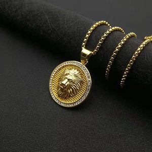 Collier Pendentif Tête de Lion Doré Yunnique en Acier Inoxydable avec Strass, Breloque Zodiaque Animale Sertie Pavé, Chaîne, Cadeau Bijou - Product Image 3