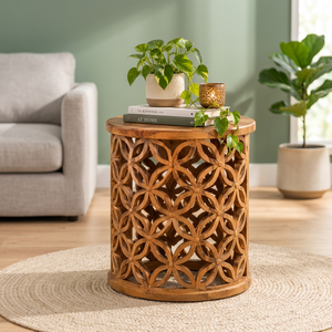 Hand Carved Rustic Eco-Friendly Mango Wood Round Side/End Table with Tabletop Installation for Living <b>Room</b> Furniture Made India - Product Image 3