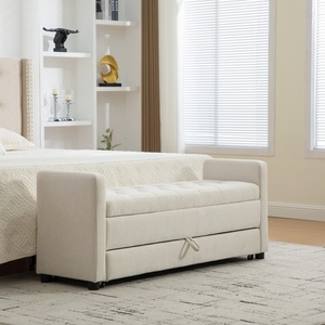 Banc de rangement moderne et durable, rembourré, double espace de rangement, en tissu moelleux, repose-pieds de chambre, accoudoirs roulés, beige, facile à assembler - Product Image 2