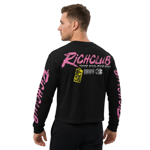 Men's Long <b>Sleeve</b> <b>Crop</b> <b>Top</b> Oversized <b>Black</b> Glitter Print Rhinestone Streetwear O-Neck Jersey Shirt - Product Image 6