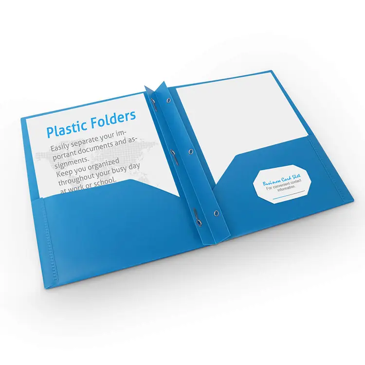 Letter Size Plastic Two Pocket Folders with 3 Metal Prong Fasteners Portfolio Folder with Business Card Holder