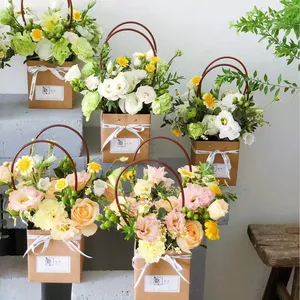 wholesale recycled kraft paper box wedding party gift flower Square Trapezoidal bag with handle