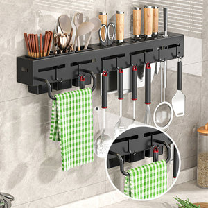 壁掛けキッチン用品収納ラックナイフ箸カトラリーオーガナイザー金属製吊り棚8フック付きラグロッドホルダー - Product Image 4