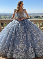 Robe de bal de Quinceañera bleue moderne, longue jusqu'au sol, avec traîne cathédrale/royale, décorations en dentelle, grande taille, pour femme, tenue de soirée formelle