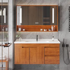 Meuble de salle de bain <span class=keywords><strong>insolite</strong></span> Meuble-lavabo en bois naturel Meuble de bain suspendu de 60 pouces avec lumières LED et miroir anti-désembuage - Product Image 1