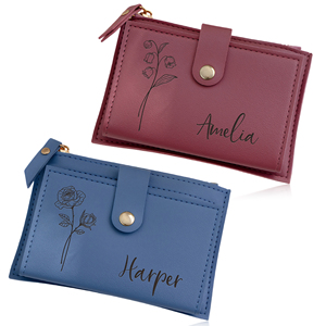 Portefeuille personnalisé pour femme avec fenêtre d'identification, organiseur de cartes fleur de naissance personnalisée, porte-monnaie fin en cuir PU multi-fentes - Product Image 1