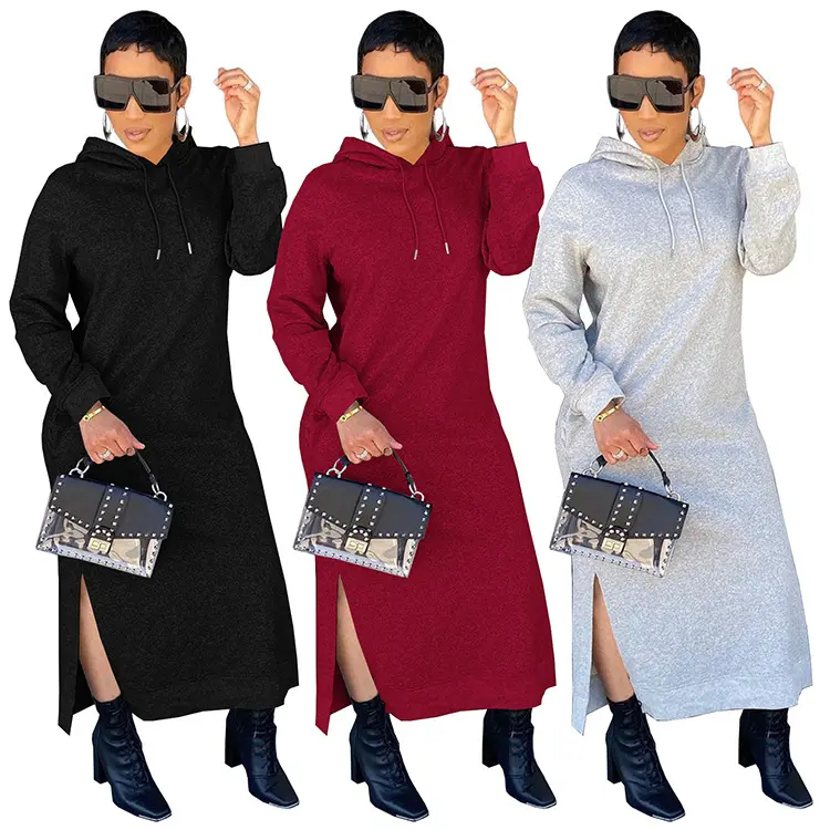Enyen Fall Casual Woman Sweatshirts Maxi Dresses Long Sleeve Hooded Dress For Ladies