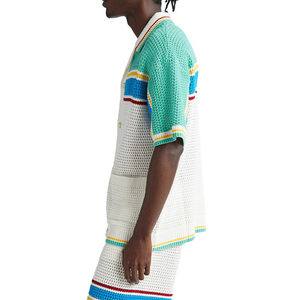 Polo en tricot pour <span class=keywords><strong>homme</strong></span> en coton à manches courtes, avec logo personnalisé, <span class=keywords><strong>maille</strong></span> ouverte au crochet, style tennis, tricot d'été, rayé, <span class=keywords><strong>cardigan</strong></span> en tricot au crochet - Product Image 4