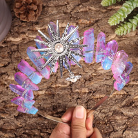 Serre-tête Couronne de Perles Artisanale Plaquée Couleur AB avec Pointes de Cristal Naturelles, Pendentif Perle Déesse du Soleil, Coiffe de Mariée Halloween