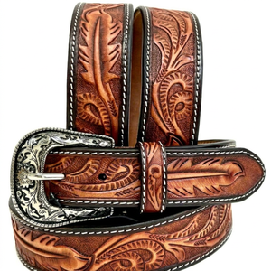 <b>Western</b> Genuine Leather <b>Belt</b> With Floral Embroidery Silver Pin Buckle Casual Style Durable Luxury Feel - Product Image 1