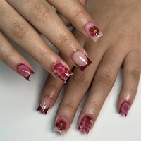 Faux ongles carrés courts à presser, motif floral rouge French Manucure, réutilisables pour femmes