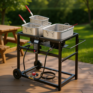 Friteuse professionnelle au propane à double cuve sur chariot avec roues en acier inoxydable pour usage extérieur - Product Image 2