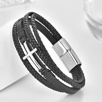 Bracelet tressé en cuir de vachette noir multicouche fait main avec fermoir magnétique en acier inoxydable pour homme