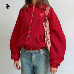 Felpa con Cappuccio e Zip Personalizzata con Stampa a Rilievo, Streetwear di Alta Qualità, Pesante, Rossa, Oversize per l'Autunno - Product Image 2