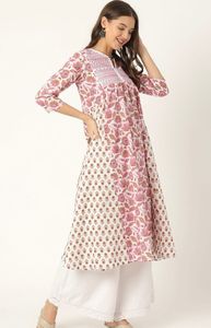 Kurta en coton imprimé fleuri pour femmes avec pantalon ensemble demi-manches col en V pour les filles vêtements de fête gris blanc pour les saisons d'été et d'hiver - Product Image 4