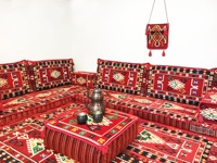 Ensemble de coussins de sol d'angle oriental Belkiz Nomad Anatolian, brodés, tissés, vintage, rouge, avec garnissage en mousse densité 22