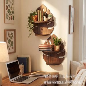 Wooden Leaf Shaped Wall <b>Shelf</b> Double Layer Storage <b>Rack</b> For Books And Plants Retro Color Durable - Product Image 2
