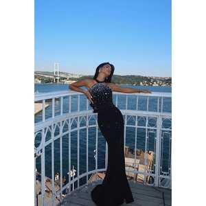 Robe de soirée noire à taille empire, manches courtes, décorations perlées et sequins, motifs floraux et plumes 3D, longueur ras du sol, coupe droite, pour bal de promo, taille XL - Product Image 5