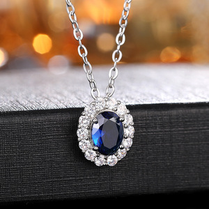 Collar con Colgante E541, Plata 925, Zafiro Ovalado, Halo de Diamantes, Joyería Clásica para Mujer, Cadena de Eslabones para Boda - Product Image 4