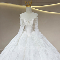 Robe de mariée Jancember JFH122 à épaules dénudées, corset à baleines, bretelles drapées de perles, manches en dentelle transparente, jupe scintillante pour la mariée