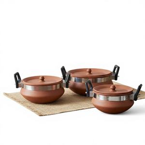 Juego de Vajilla de Barro Estilo Rústico con Tapas y Soporte de Acero Inoxidable (Juego de 3) - Ecológico, Libre de BPA, Reutilizable - Product Image 1