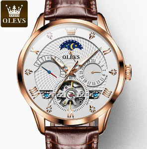 Reloj Olevs 6652 de Lujo, Marca de Primera Calidad, Resistente al Agua, Correa de Cuero Marrón, Deportivo, Reloj Mecánico para Hombre - Product Image 1