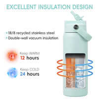 Bouteille d'eau sportive isotherme en acier inoxydable à double paroi de 24 oz avec revêtement céramique sans BPA et couvercle à paille anti-poussière