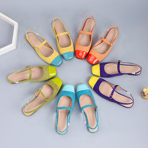 Xuanhui Nuove Scarpe Basse Mary Jane in Camoscio Arancione con Punta Quadrata, Sandali Slingback Bicolore Patchwork, Scarpe da Donna - Product Image 6