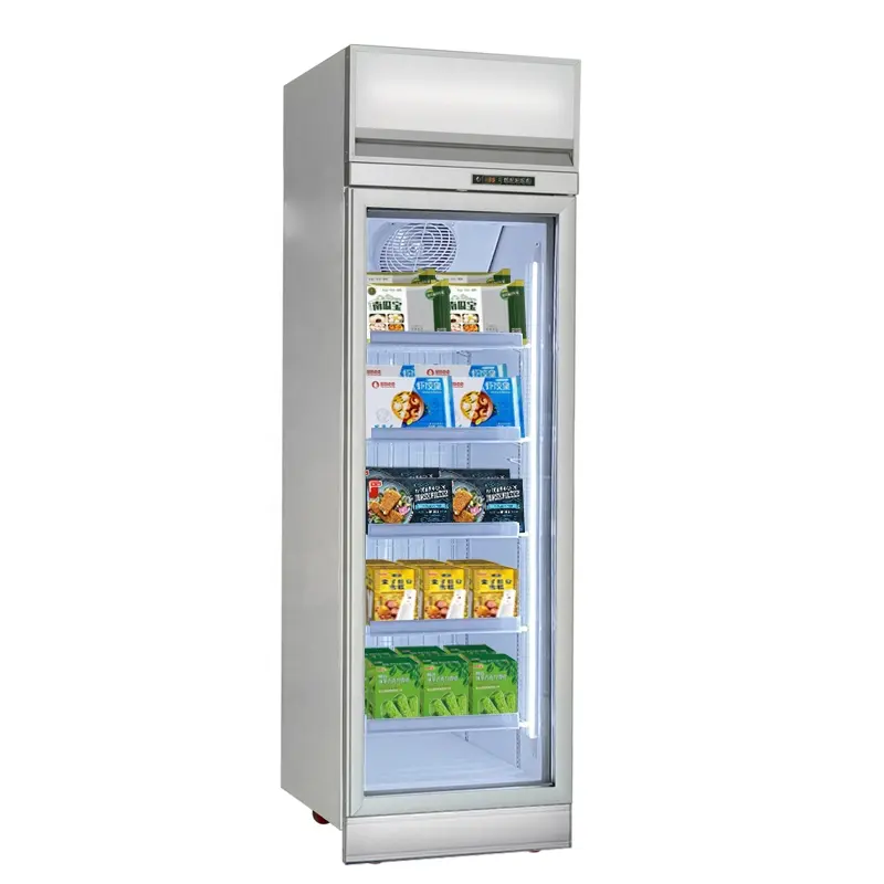 Ventilador de refrigerador de sorvete, vitrine vertical comercial, freezer com vidro aquecido para alimentos congelados, porta única