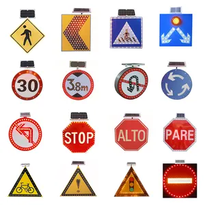 Solar Panel LED Traffic Sign Solid White Line Road Foldable Warning Stop Signs With Light Up LED Lights Border Stop Sign