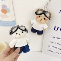 Porte-clés Ours en Peluche Mignon avec Lunettes, Mini Poupée en Peluche Ours en Jean et T-shirt Blanc