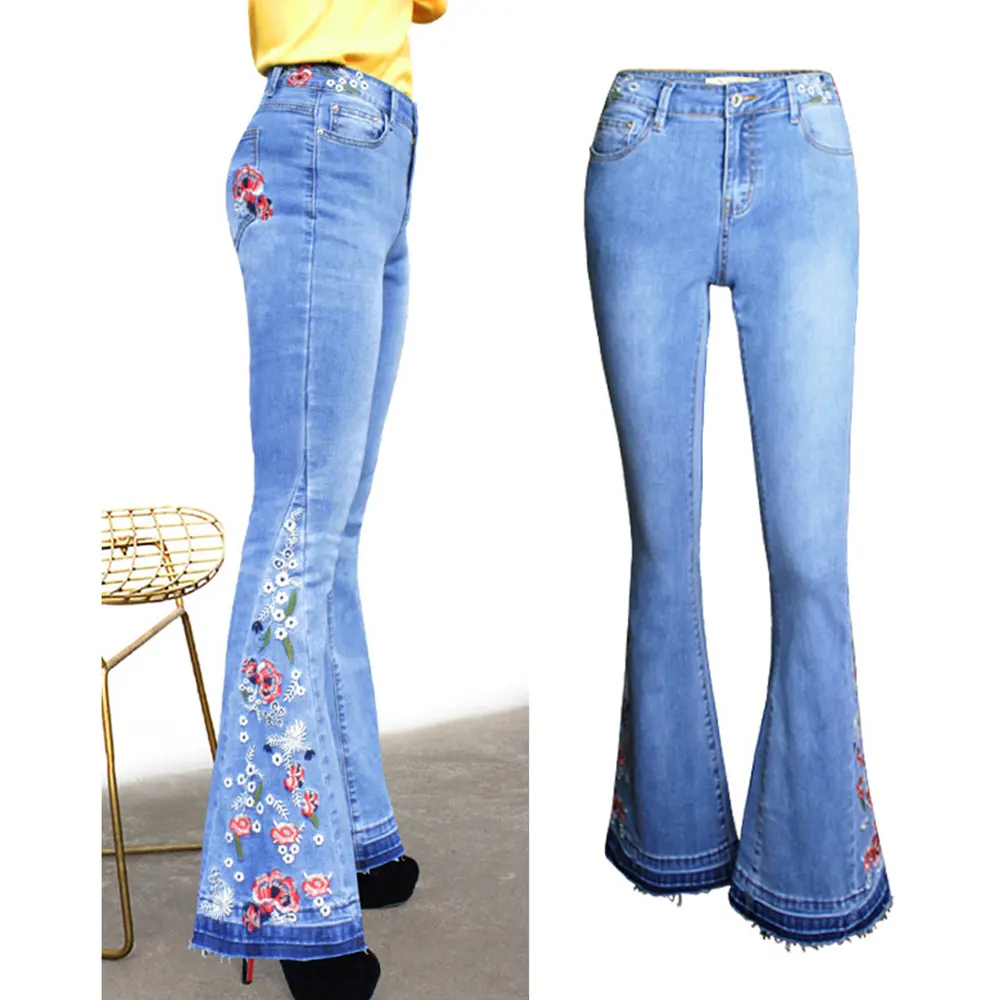 Calça jeans feminina longa bordada de cintura alta, perna larga, floral, calças largas, moda feminina feminina