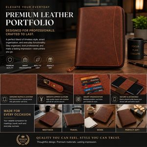 Leather Padfolio Portfolio Organizer with Zipper Professional <b>Document</b> Tablet <b>Holder</b> Rectangle Desk Storage Bag Compression Type - Product Image 3