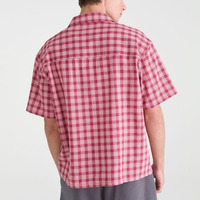 Camisa Vintage Personalizada para Hombre, Cuello Camp Collar, Diseño a Cuadros Rojos, Holgada, Transpirable, Anti-UV, Manga Corta, con Botones, Estilo Casual