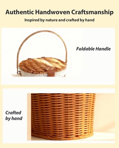 Cesto da Picnic Piccolo con Coperchio e Manici Pieghevoli, Cesto Vintage in Rattan con Fodera Bianca e Chiusura per Picnic, Spiaggia, Vacanze - Product Image 5