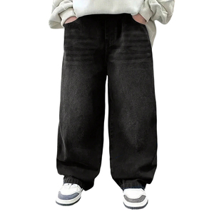 Jeans rétro pour garçons, noirs délavés, taille élastique, coupe large, pantalon en denim, style streetwear tendance, avec poches, personnalisé - Product Image 4