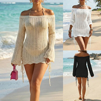Off-shoulder holle gebreide bodycon mini-jurk met lange mouwen en trekkoord aan de zijkant, strandbikini-coverup voor dames