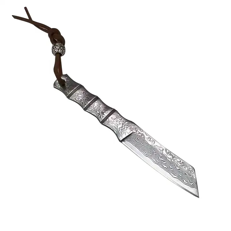 Cuchillo de hoja fija de acero damasco mini EDC cuchillo de camping al aire libre Funda de cuero cuchillo de supervivencia