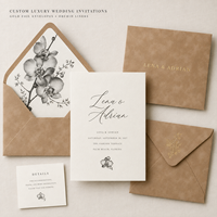 Suite de papeterie de mariage minimaliste à motifs floraux, motif d'orchidée en croquis monochrome, cartes d'invitation de mariage élégantes et luxueuses personnalisées