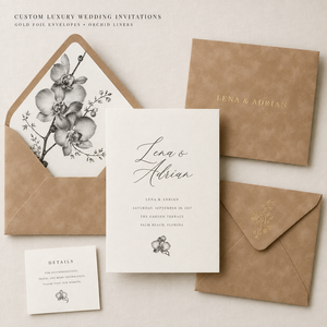 Suite de papeterie de mariage minimaliste à motifs floraux, motif <span class=keywords><strong>d</strong></span>'orchidée en croquis monochrome, cartes <span class=keywords><strong>d</strong></span>'invitation de mariage élégantes et luxueuses personnalisées - Product Image 1