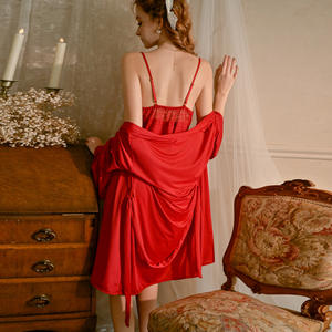 Ensemble de pyjama de luxe en satin rouge brodé de dentelle, robe de mariée sexy, vêtements de nuit pour femmes, col en V, <span class=keywords><strong>nuisette</strong></span>, 3 pièces - Product Image 2
