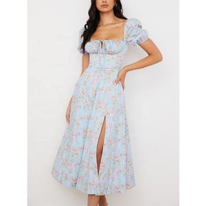 MANNI cravatta manica a sbuffo Bustier con scollo quadrato a spacco floreale abiti Midi causali - Product Image 4