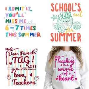 Pegatinas de transferencia DTF lavables y listas para planchar con diseño de profesora coqueta a rayas coloridas, cita de verano para club escolar, para ropa - Product Image 1