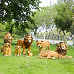 Life size artifical fiberglass resin lion and cub sculpture for garden