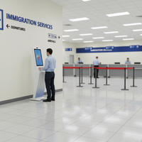 Kiosque de contrôle d'accès intérieur 21,5 pouces en libre-service avec lecteurs de codes-barres et QR, scanner de passeport, imprimante de billets, sur pied