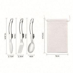 Ensemble de couverts de voyage pliables en acier inoxydable 304 avec logo personnalisé, finition miroir, cuillère, fourchette, couteau, avec pochette de rangement - Product Image 3