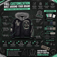 Blouson aviateur bomber personnalisé en cuir pleine fleur avec capuche en fourrure, patchs gothiques appliqués et garniture en strass pour marque streetwear
