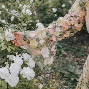 Vestido longo floral feminino vintage de verão com decote em V mangas lanterna transparente malha 2 camadas